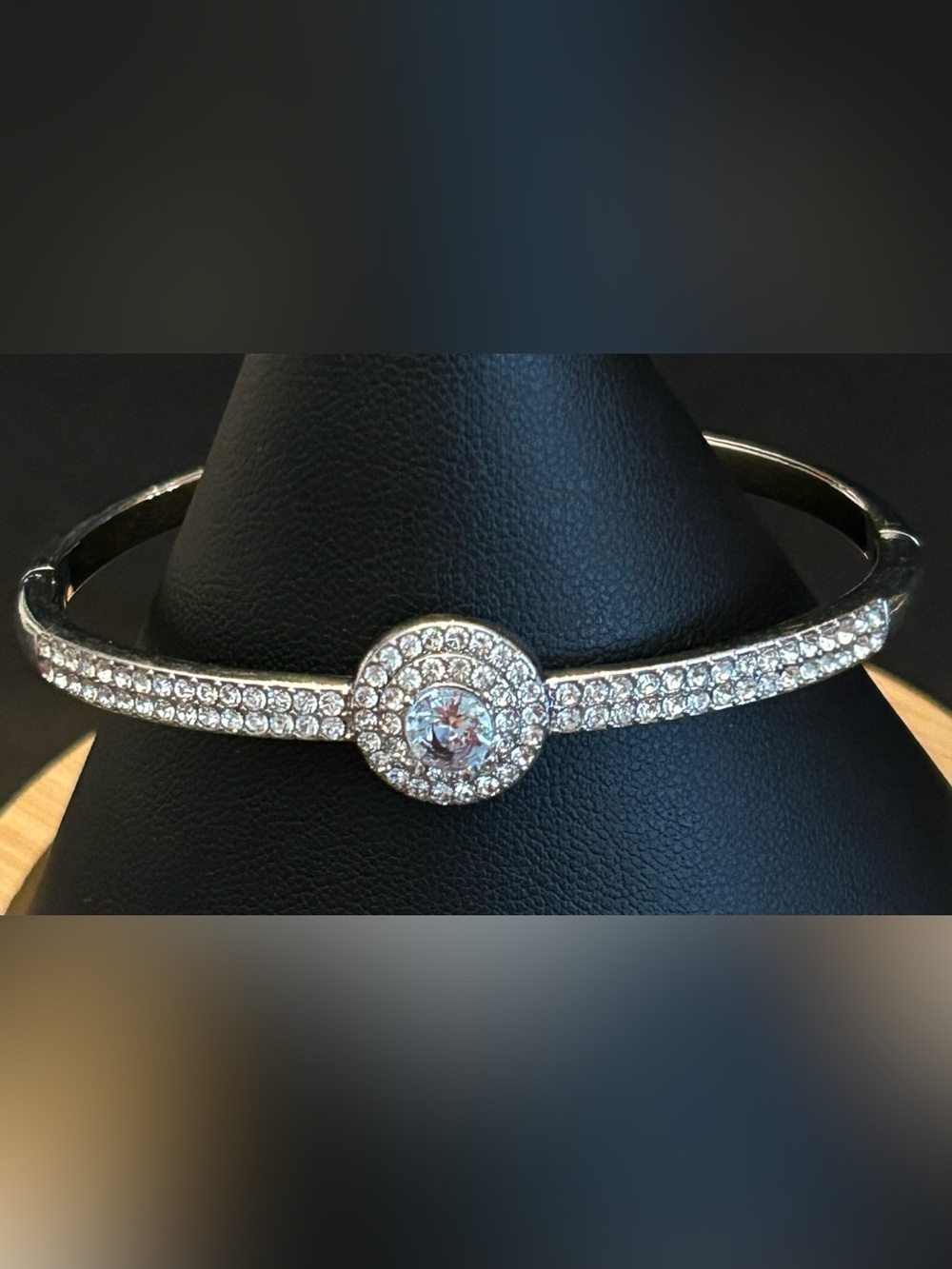 Silver Crystal Halo Hinged Bangle Bracelet - Clear Stones